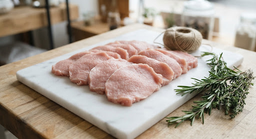 Delicate pale pink milk fed veal cutlets neatly arranged on clean cold white marble with butcher twine and rosemary sprigs