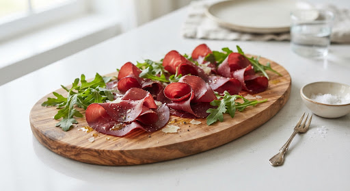 Paper-thin deep ruby slices of cured beef bresaola folded delicately on an olive wood board with olive oil drops and arugula.