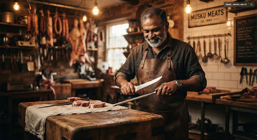 Master butcher Musku Rajashekar Reddy in a classic butcher apron sharpening a boning knife on a steel rod next to a heavy…