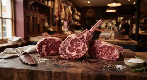 Butcher block with thick grass-fed British Aberdeen Angus beef cuts