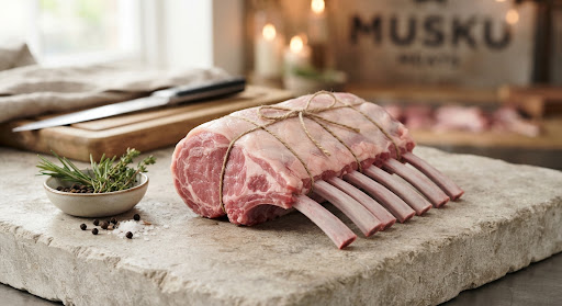 Immaculate 8-rib rack of Canterbury Reserve Halal lamb cutlets with clean ivory bone tips