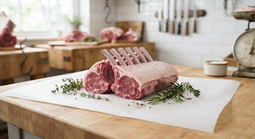 Frenched rack of English spring lamb on clean butcher parchment paper