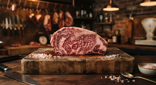 Ultra premium thick cut A5 Wagyu ribeye steak sitting on a butcher cutting block with intense white marbling