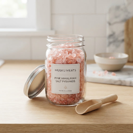 Clear glass mason jar filled with shimmering pink Himalayan salt pyramid flakes with a wooden spoon resting beside it.