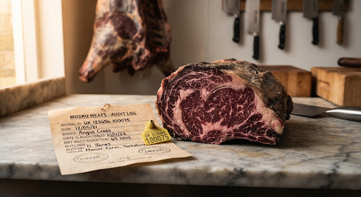 Close up of artisan dry aged prime beef cut on marble counter showing deep burgundy marbling and official traceable DEFRA…