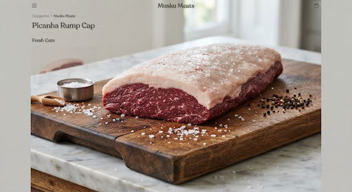 Whole Brazilian style picanha rump cap with pure white fat blanket layer on wooden butcher slab with sea salt flakes.